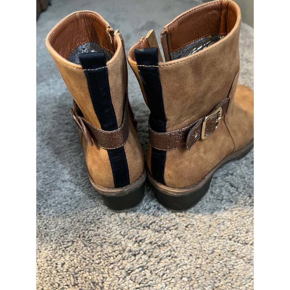 Tommy Hilfiger Girls Tan Suede Glitter Buckle Ankle Boots Side Zip Chunky Heels - Picture 5 of 7